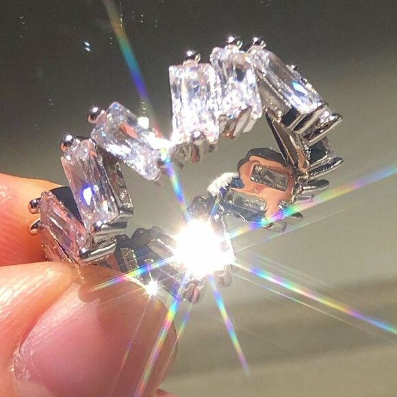 ❤️925 STERLING SILVER Jewelry - 😍Shiny Irregular Rectangle Gems Full Around Zircon Silver Eternity Ring, K804